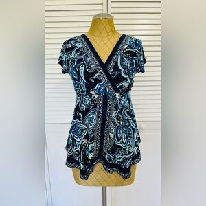 INC Paisley V-Neck Wrap Top - Blue and Black size S
